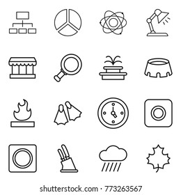 Thin line icon set : hierarchy, diagram, atom, table lamp, market, magnifier, fountain, stadium, flammable, flippers, watch, ring button, knife holder, rain cloud, maple leaf