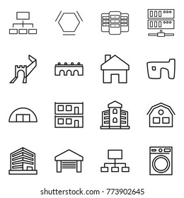 Thin line icon set : hierarchy, hex molecule, server, greate wall, bridge, home, slum, hangare, modular house, building, office, garage, washing machine