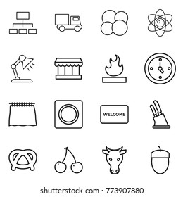 Thin line icon set : hierarchy, truck, atom core, table lamp, market, flammable, watch, curtain, ring button, welcome mat, knife holder, pretzel, cherry, cow, acorn
