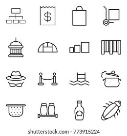 Thin line icon set : hierarchy, receipt, shopping bag, cargo stoller, goverment house, greenhouse, sorting, bar code, confidential, vip fence, pool, steam pan, colander, salt pepper, ketchup, bug