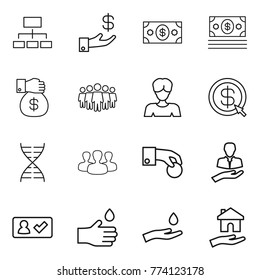 Thin line icon set : hierarchy, investment, money, gift, team, woman, dollar arrow, dna, group, hand coin, client, check in, drop, and, housing