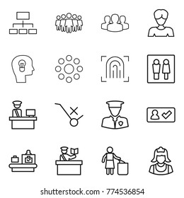 Thin line icon set : hierarchy, team, group, woman, bulb head, round around, fingerprint, wc, customs control, do not trolley sign, security man, check in, baggage checking, inspector, garbage bin