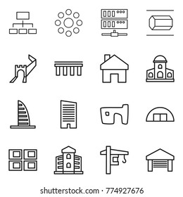 Thin line icon set : hierarchy, round around, server, nano tube, greate wall, bridge, home, mansion, skyscraper, slum, hangare, panel house, building, tower crane, garage