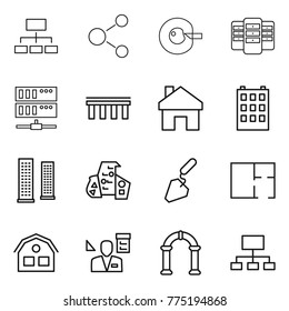 Thin line icon set : hierarchy, molecule, cell corection, server, bridge, home, building, skyscrapers, modern architecture, construction, plan, house, architector, arch