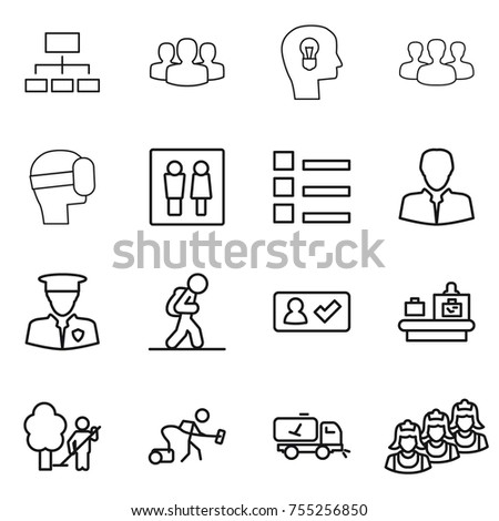 thin line icon set : hierarchy, group, bulb head, virtual mask, wc, list, client, security man, tourist, check in, baggage checking, garden cleaning, vacuum cleaner, home call, outsource