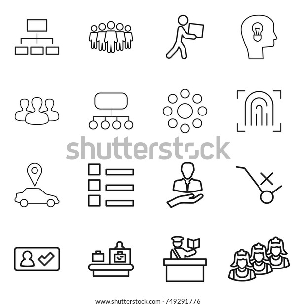thin line icon set : hierarchy, team, courier,\
bulb head, group, structure, round around, fingerprint, car\
pointer, list, client, do not trolley sign, check in, baggage\
checking, inspector