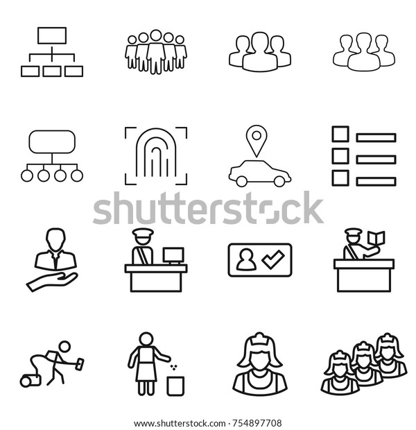 thin line icon set :\
hierarchy, team, group, structure, fingerprint, car pointer, list,\
client, customs control, check in, inspector, vacuum cleaner,\
garbage bin, outsource