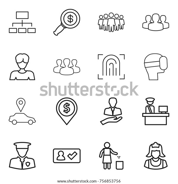 Thin line icon set : hierarchy, dollar magnifier,\
team, group, woman, fingerprint, virtual mask, car pointer, pin,\
client, customs control, security man, check in, garbage bin,\
cleaner