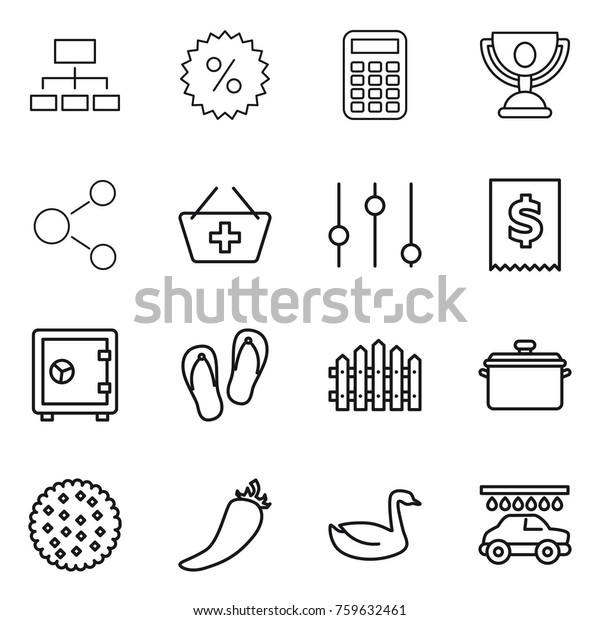 Thin line icon set :\
hierarchy, percent, calculator, trophy, molecule, add to basket,\
equalizer, tax, safe, flip flops, fence, pan, cookies, hot pepper,\
goose, car wash