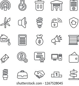 Thin Line Icon Set - home control vector, wireless lock, remote, pc, energy saving bulb, sound, jalousie, garage gate, protect, trash bin, windmill, handshake, wallet, money bag, search, flask, case