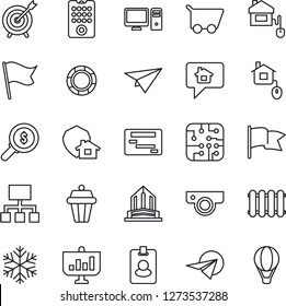 Thin Line Icon Set - home control vector, chip, remote, web camera, snowflake, pc, radiator, outdoor lamp, protect, pass card, message, target, money search, cart, flag, paper plane, schedule