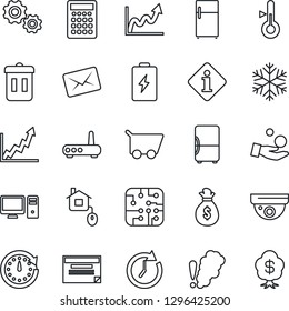 Thin Line Icon Set - home control vector, chip, router, snowflake, pc, smoke detector, thermometer, trash bin, fridge, information, surveillance, battery, gear, money bag, clock, growth graph, cart