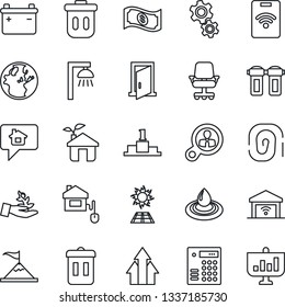 Thin Line Icon Set - home control vector, eco house, gear, water, filter, outdoor lamp, garage gate, trash bin, sun panel, door, combination lock, pass card, battery, message, fingerprint, earth