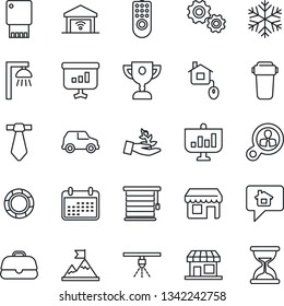Thin Line Icon Set - home control vector, remote, snowflake, water filter, outdoor lamp, jalousie, garage gate, usb flash, sprinkler, message, consumer search, gear, palm sproute, motivation, case