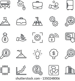 Thin Line Icon Set - home control vector, chip, fan, wireless lock, air conditioner, app, gear, warm floor, eye scan, fridge, consumer search, palm sproute, motivation, money bag, growth graph, idea