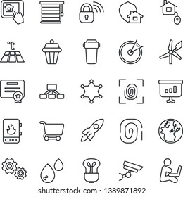 Thin Line Icon Set - home control vector, fingerprint, wireless lock, water heater, app, filter, warm floor, bulb, outdoor lamp, jalousie, protect, police, windmill, surveillance, target, gear, cart