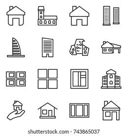 thin line icon set : home, mansion, skyscrapers, skyscraper, modern architecture, house with garage, panel, window, building, real estate