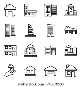 thin line icon set : home, mansion, houses, skyscrapers, skyscraper, house with garage, modular, building, district, city, real estate
