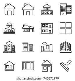 thin line icon set : home, cottage, houses, mansion, house with garage, modular, window, building, district, city, office, scraper