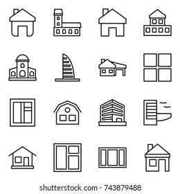 thin line icon set : home, mansion, cottage, skyscraper, house with garage, window, office, hotel