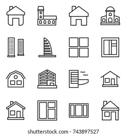 thin line icon set : home, mansion, skyscrapers, skyscraper, window, house, office, hotel
