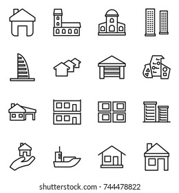 thin line icon set : home, mansion, skyscrapers, skyscraper, houses, garage, modern architecture, house with, modular, panel, district, real estate, sea shipping