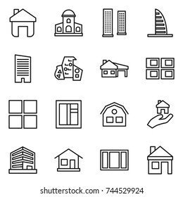 thin line icon set : home, mansion, skyscrapers, skyscraper, modern architecture, house with garage, panel, window, real estate, office