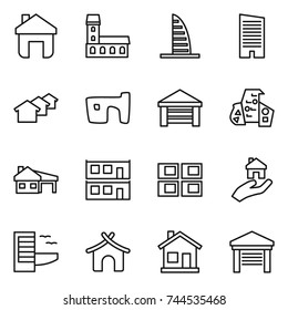 thin line icon set : home, mansion, skyscraper, houses, slum, garage, modern architecture, house with, modular, panel, real estate, hotel, bungalow