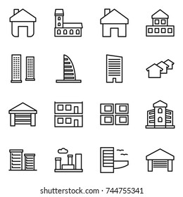 thin line icon set : home, mansion, cottage, skyscrapers, skyscraper, houses, garage, modular house, panel, building, district, city, hotel