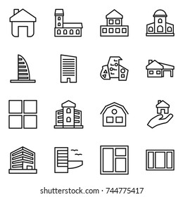 thin line icon set : home, mansion, cottage, skyscraper, modern architecture, house with garage, window, building, real estate, office, hotel