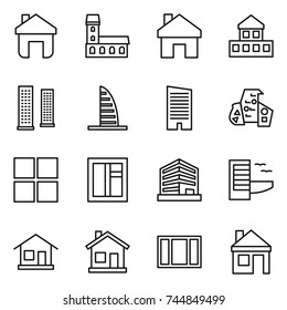 thin line icon set : home, mansion, cottage, skyscrapers, skyscraper, modern architecture, window, office, hotel, house