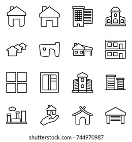 thin line icon set : home, houses, mansion, slum, house with garage, modular, window, building, district, city, real estate, bungalow