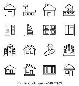 thin line icon set : home, mansion, cottage, skyscrapers, skyscraper, panel house, window, building, real estate, office