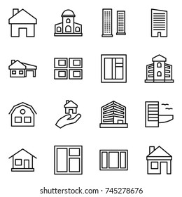 thin line icon set : home, mansion, skyscrapers, skyscraper, house with garage, panel, window, building, real estate, office, hotel