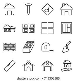 thin line icon set : home, nail, under construction, house with garage, panel, window, brick wall, measuring tape, level, bungalow, barn, housing