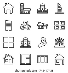 thin line icon set : home, mansion, skyscraper, modern architecture, house with garage, panel, window, building, real estate, office