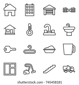 thin line icon set : home, building, garage, school, thermometer, water tap, sink, key, hanger, washing, cup, window, vacuum cleaner, stairs, call cleaning
