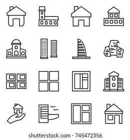 thin line icon set : home, mansion, cottage, skyscrapers, skyscraper, modern architecture, panel house, window, building, real estate, hotel