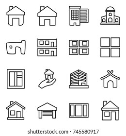 thin line icon set : home, houses, mansion, slum, modular house, panel, window, real estate, office, bungalow, garage