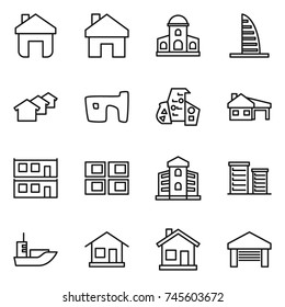 thin line icon set : home, mansion, skyscraper, houses, slum, modern architecture, house with garage, modular, panel, building, district, sea shipping