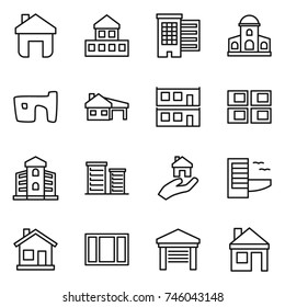 thin line icon set : home, cottage, houses, mansion, slum, house with garage, modular, panel, building, district, real estate, hotel, window
