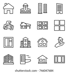 thin line icon set : home, mansion, skyscrapers, skyscraper, modern architecture, house with garage, panel, window, building, real estate, office, hotel