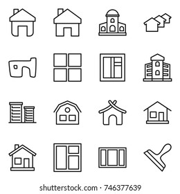 thin line icon set : home, mansion, houses, slum, window, building, district, house, bungalow, scraper