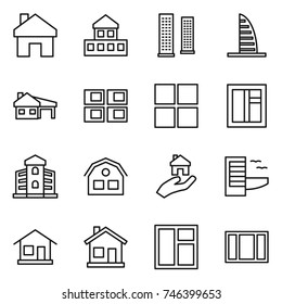 thin line icon set : home, cottage, skyscrapers, skyscraper, house with garage, panel, window, building, real estate, hotel