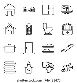 thin line icon set : home, school, plan, trailer, bungalow, remote control, toilet, dresser, pan, door, slippers, stairs, towels, apron, wiping, vacuum cleaner