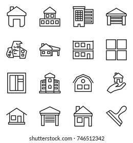 thin line icon set : home, cottage, houses, garage, modern architecture, house with, modular, window, building, real estate, scraper