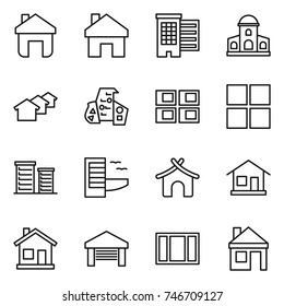 thin line icon set : home, houses, mansion, modern architecture, panel house, window, district, hotel, bungalow, garage