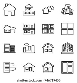 thin line icon set : home, cottage, houses, modern architecture, house with garage, modular, panel, window, district, city, office, hotel