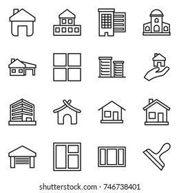 thin line icon set : home, cottage, houses, mansion, house with garage, window, district, real estate, office, bungalow, scraper