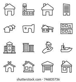 thin line icon set : home, mansion, skyscraper, houses, slum, house with garage, modular, building, district, real estate, sea shipping, bungalow